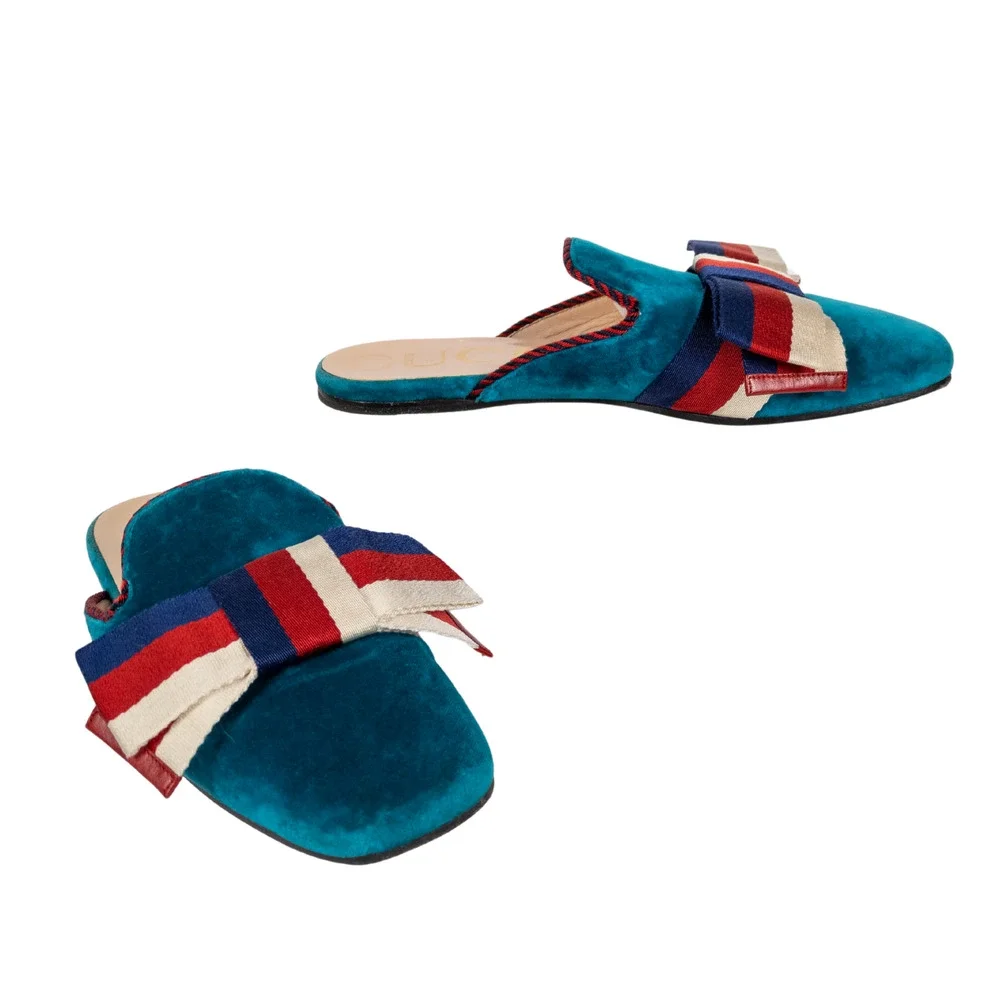 GUCCI Sylvie Bow Velvet Mule Flat Slippers in Pavone Red Blue Women's EU 37.5 - Picture 2 of 11